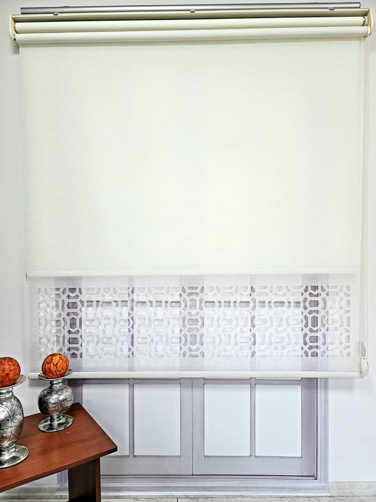 BBB Lazer Kesim Çift Mekanizmalı Tül Stor Perde Ekru MLT5007 görsel