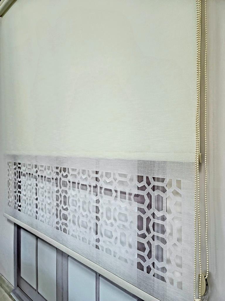 BBB Lazer Kesim Çift Mekanizmalı Tül Stor Perde Ekru MLT5007 görsel