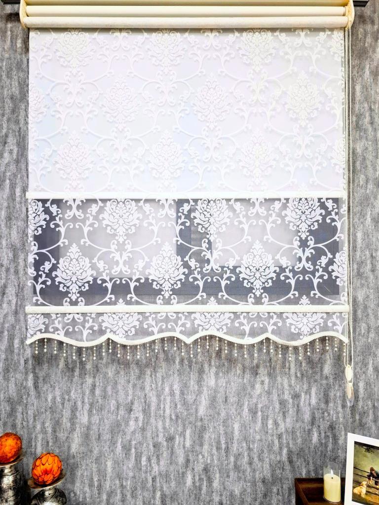 BBB Simli Boncuklu Damask Desenli Çift Mekanizmalı Tül Stor Perde Ekru MT1018SB görsel