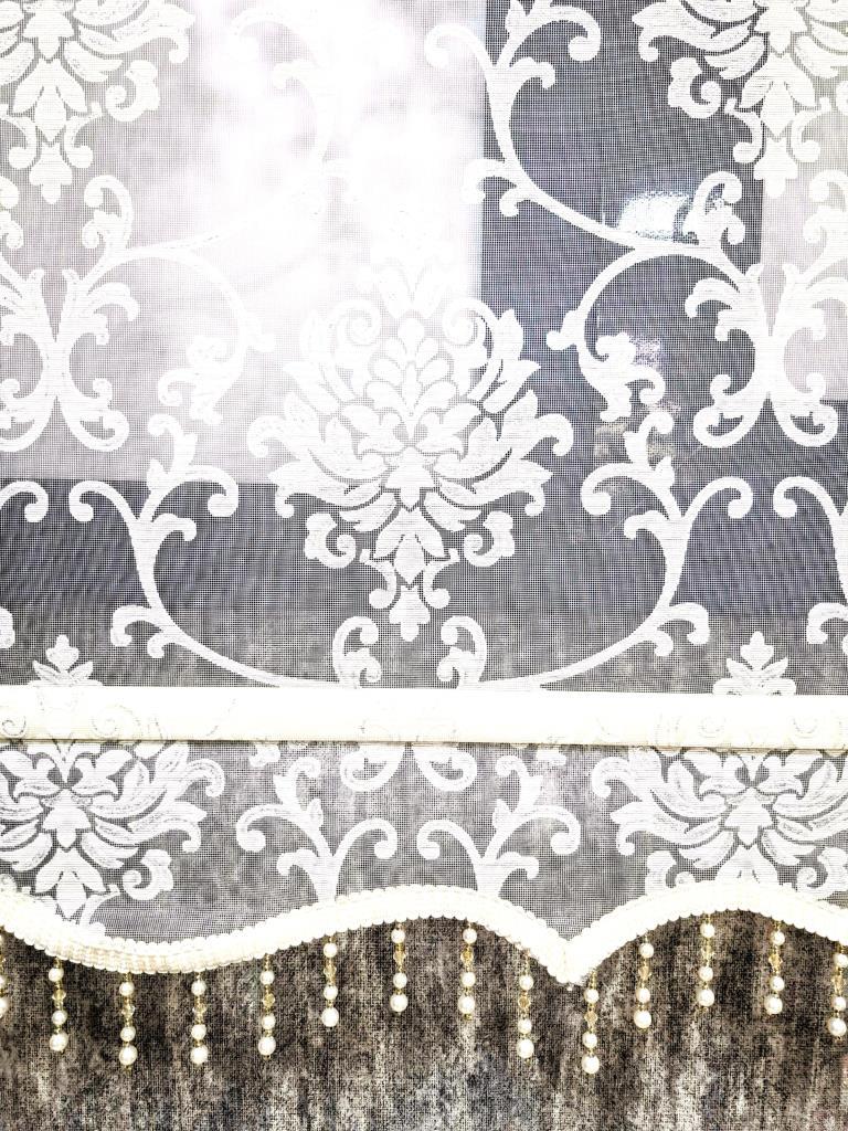 BBB Simli Boncuklu Damask Desenli Çift Mekanizmalı Tül Stor Perde Ekru MT1018SB görsel