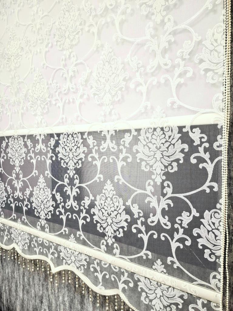 BBB Simli Boncuklu Damask Desenli Çift Mekanizmalı Tül Stor Perde Ekru MT1018SB görsel