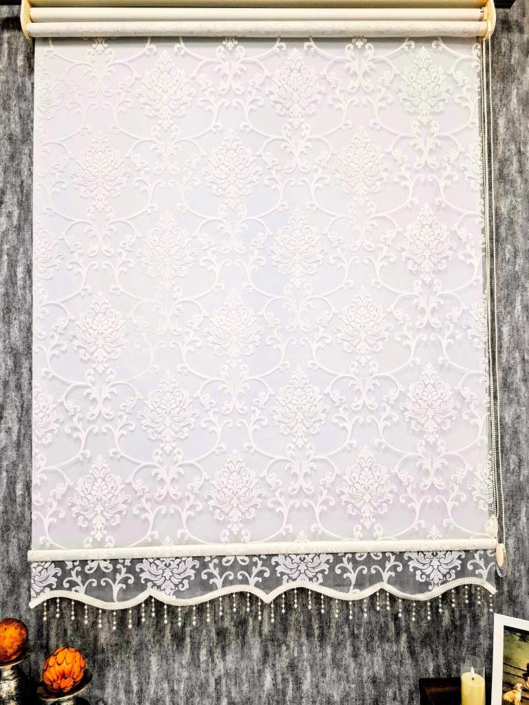 BBB Simli Boncuklu Damask Desenli Çift Mekanizmalı Tül Stor Perde Ekru MT1018SB görsel