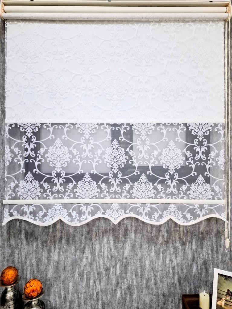 BBB Simli Damask Desenli Çift Mekanizmalı Tül Stor Perde Ekru MT1018S görsel