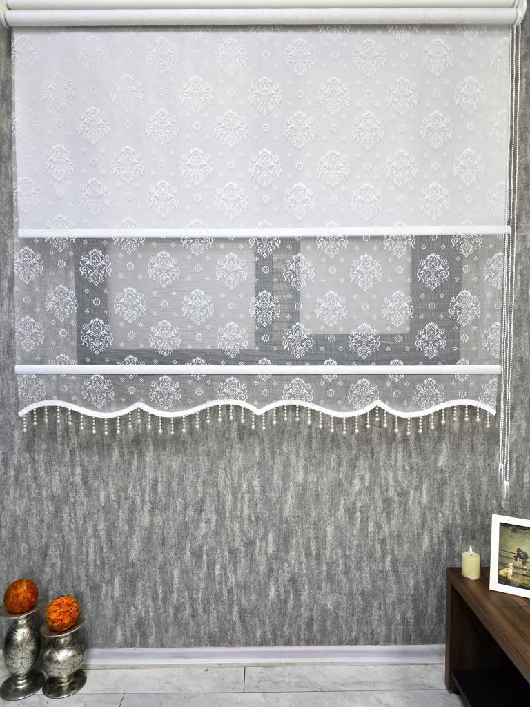 BBB Çift Mekanizmalı Desenli Boncuklu Tül ve Stor Perde Ekru MT3049B görsel