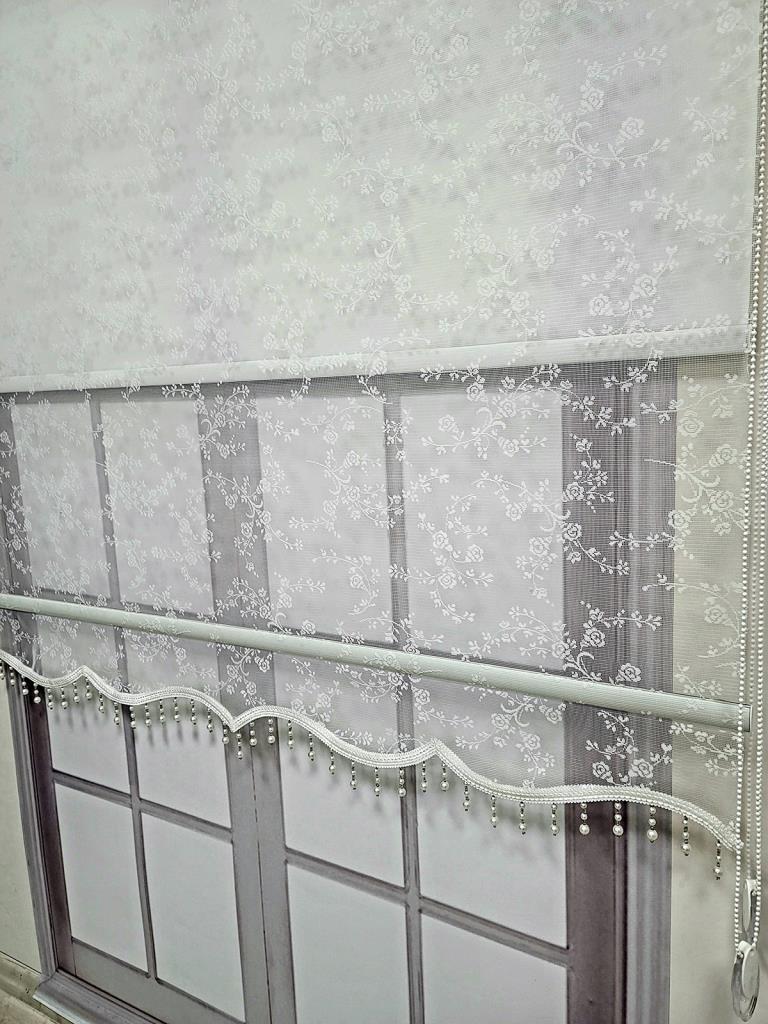 BBB Çiçek Desenli Boncuklu Tül ve Stor Perde Beyaz MT4003B görsel
